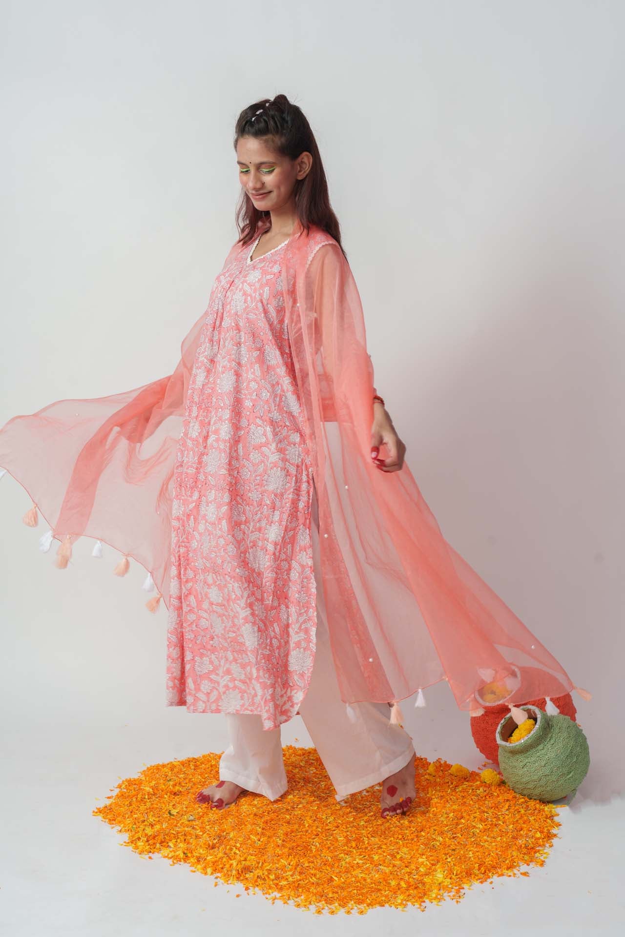 Peachy twinkle block kurta set