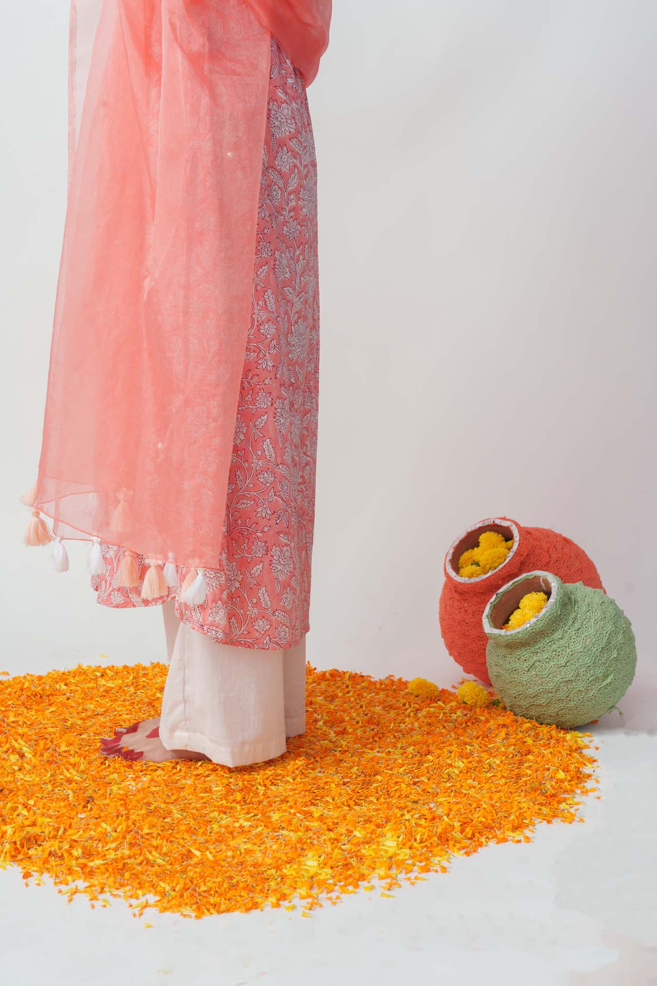 Peachy twinkle block kurta set