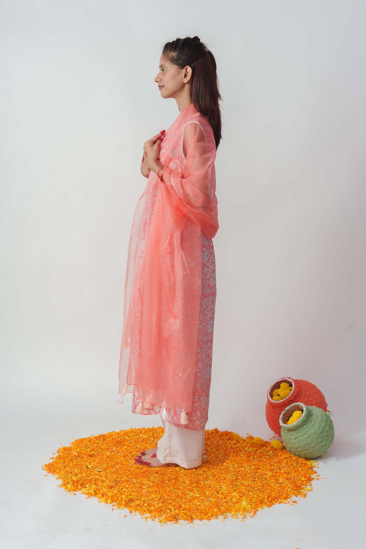 Peachy twinkle block kurta set