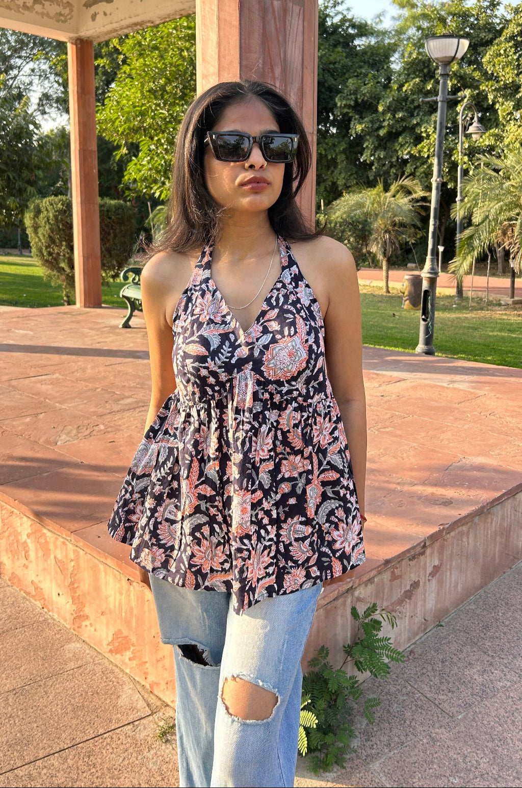 Black block printed short top