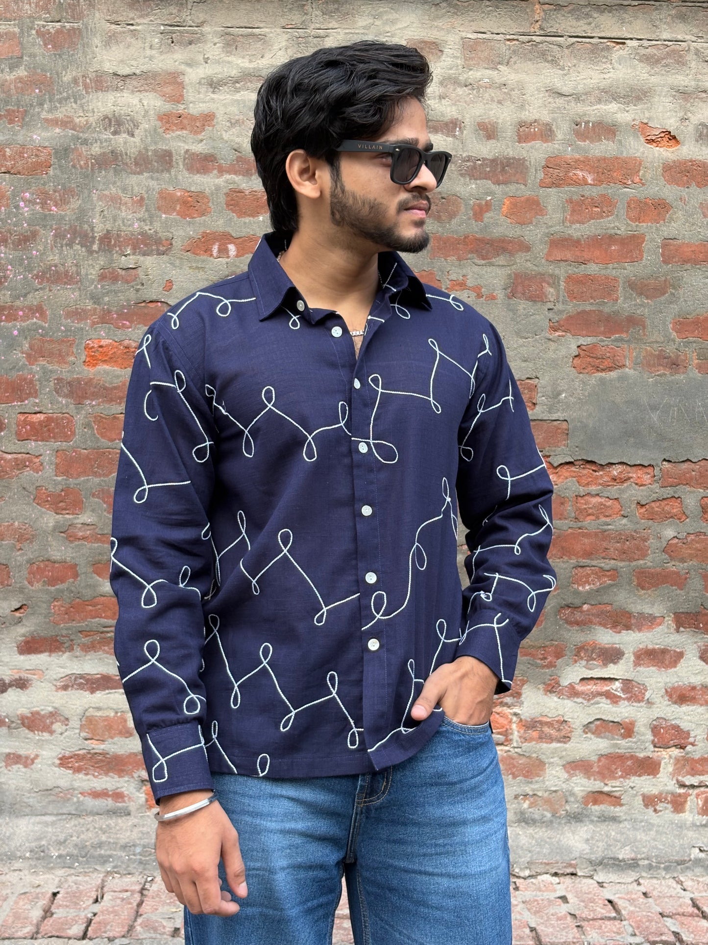 Navy Blue Abstract Line Print men's shirt