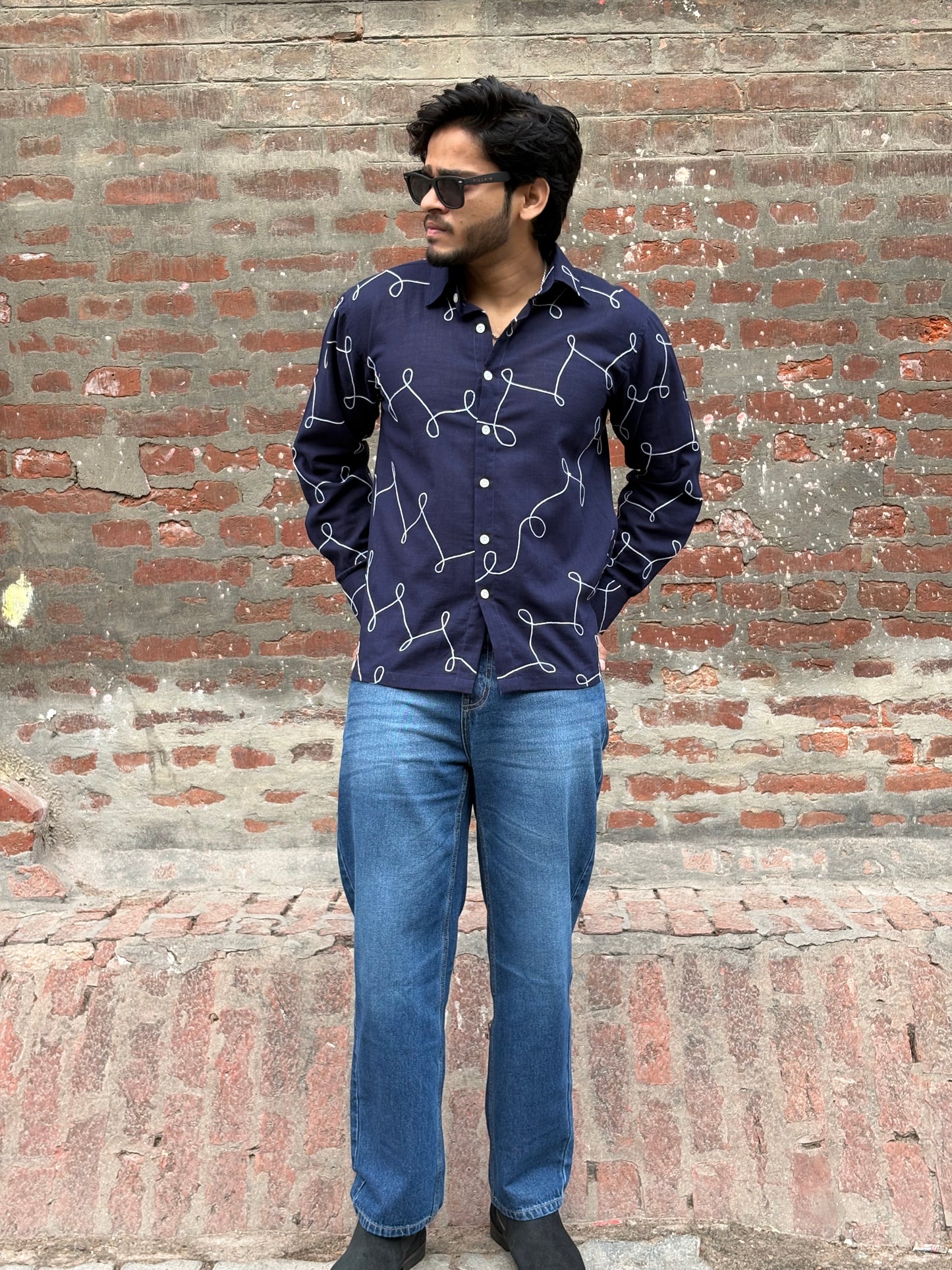 Navy Blue Abstract Line Print men's shirt