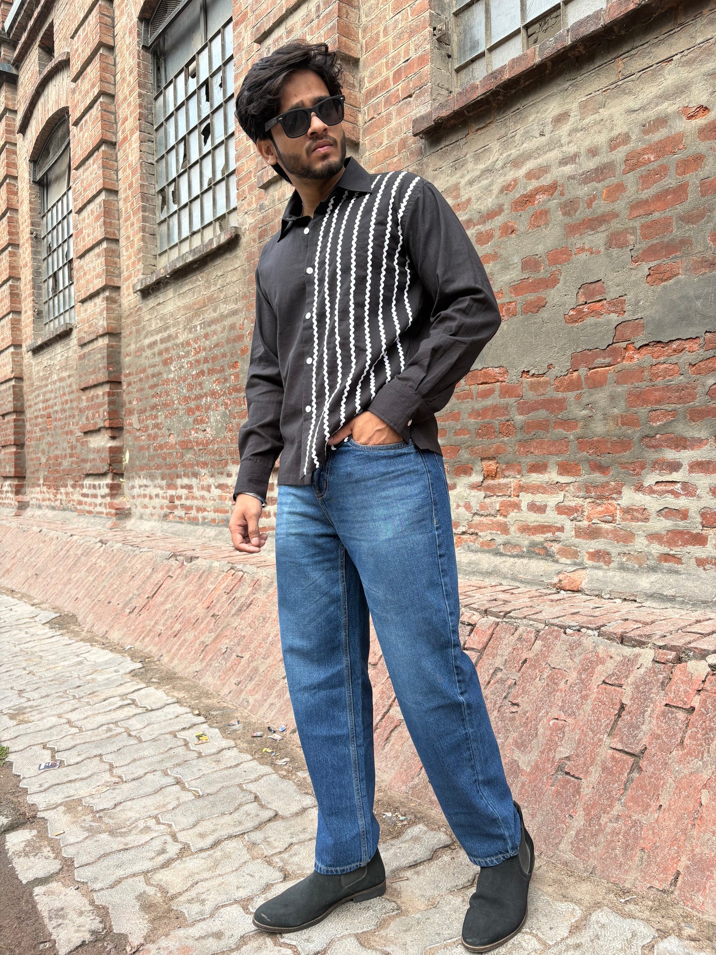 Black Zig-Zag lace men's cotton shirt