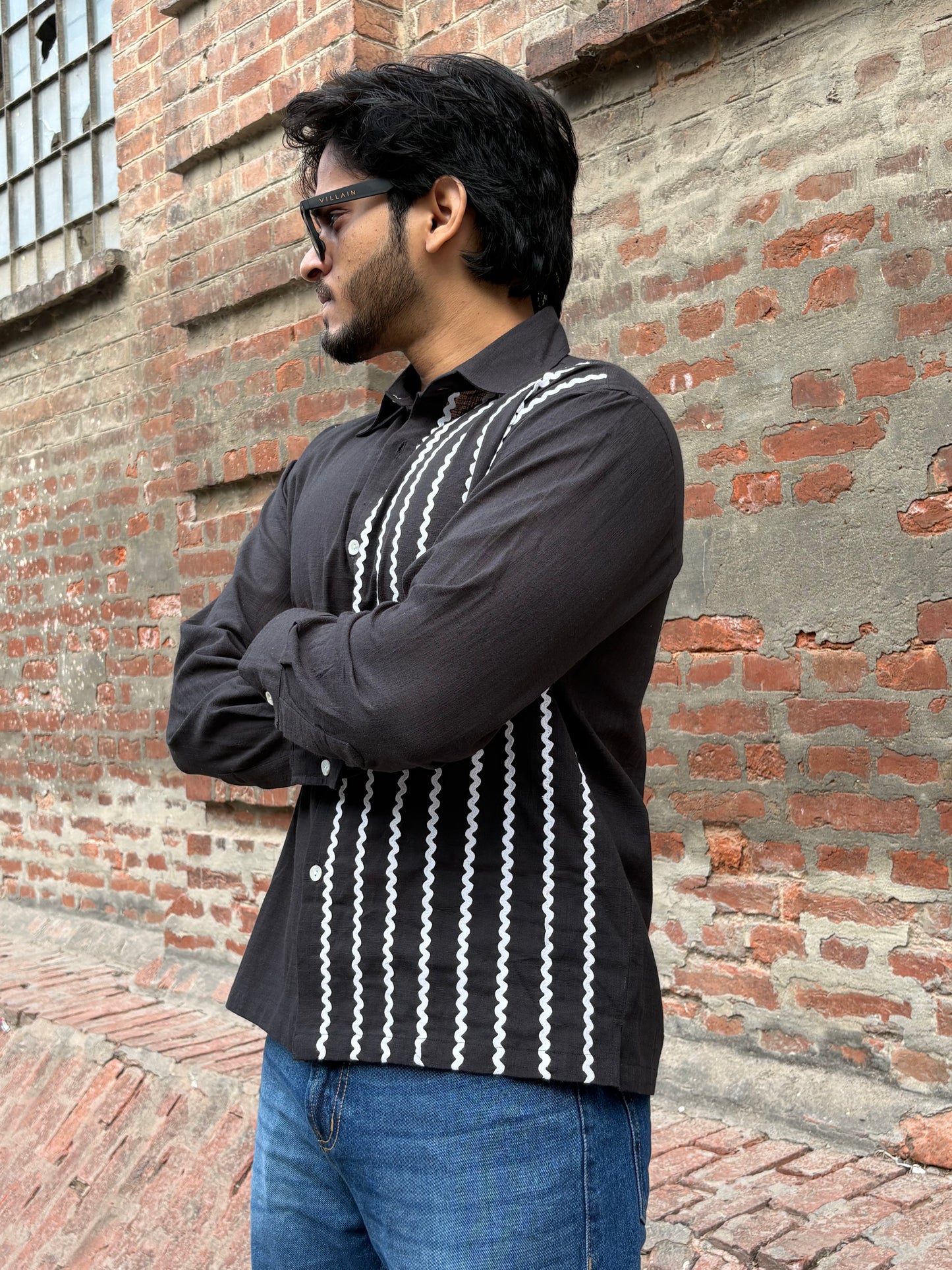 Black Zig-Zag lace men's cotton shirt