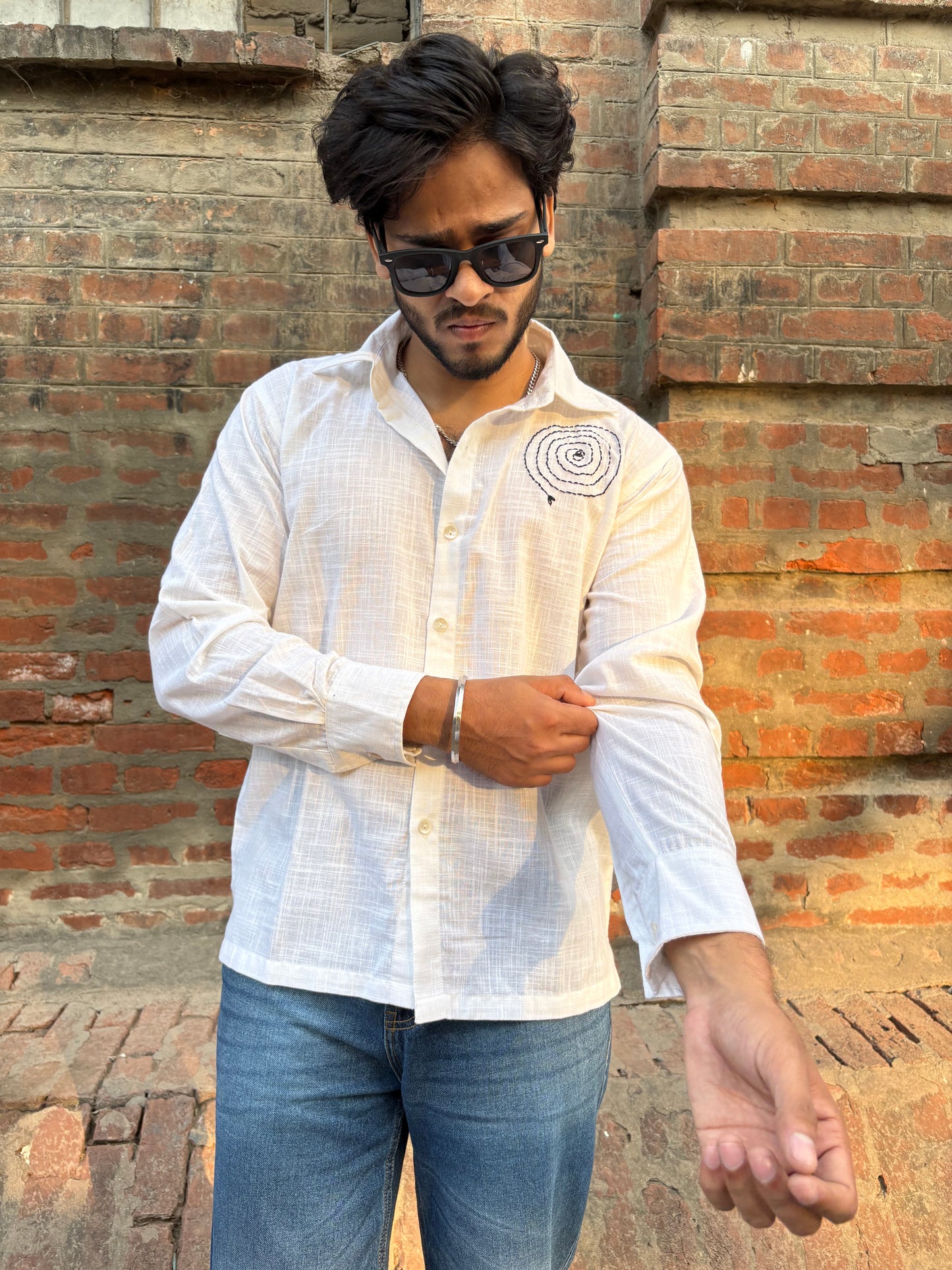 White Hand Embroidered men's cotton shirt