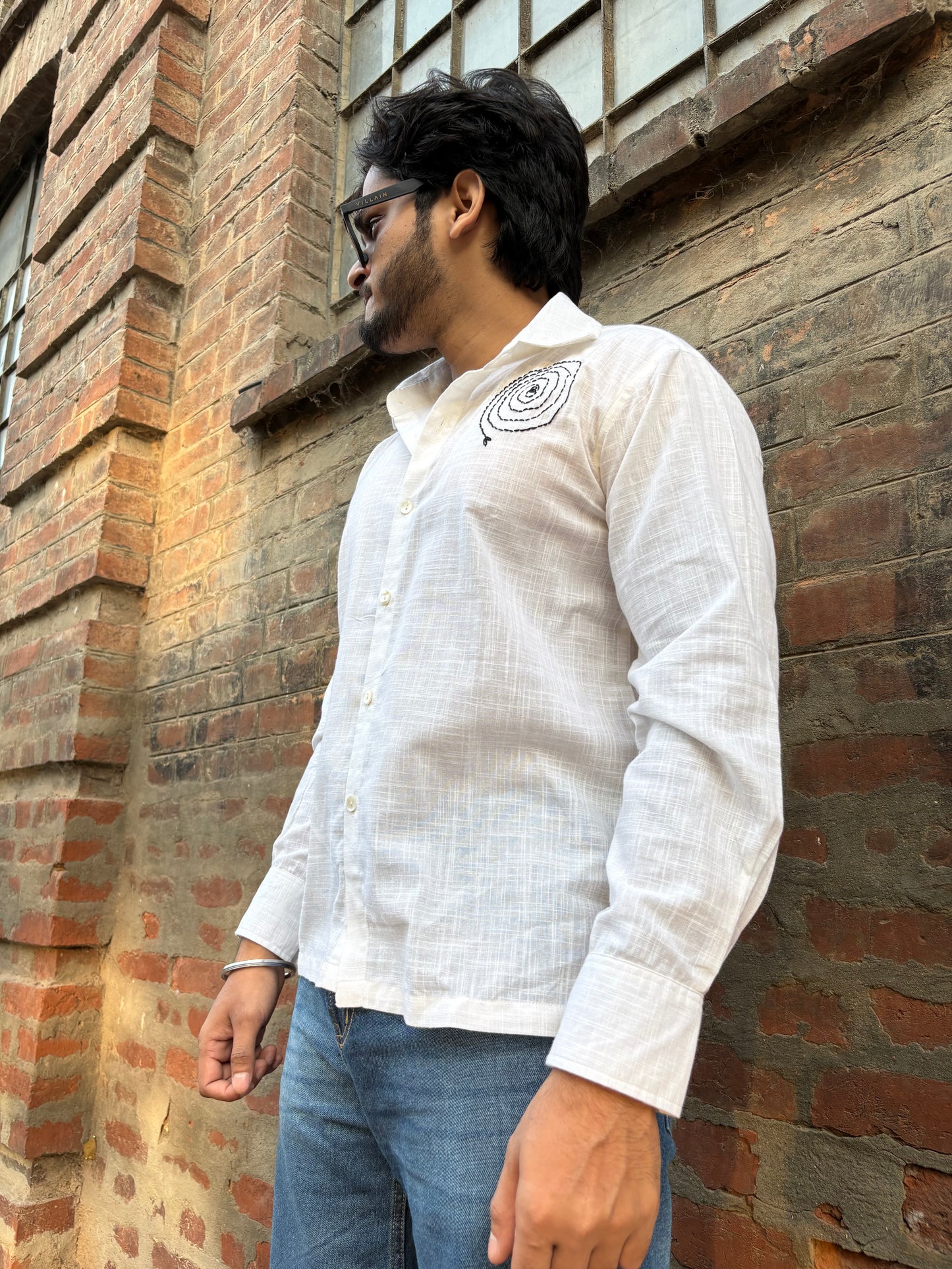 White Hand Embroidered men's cotton shirt