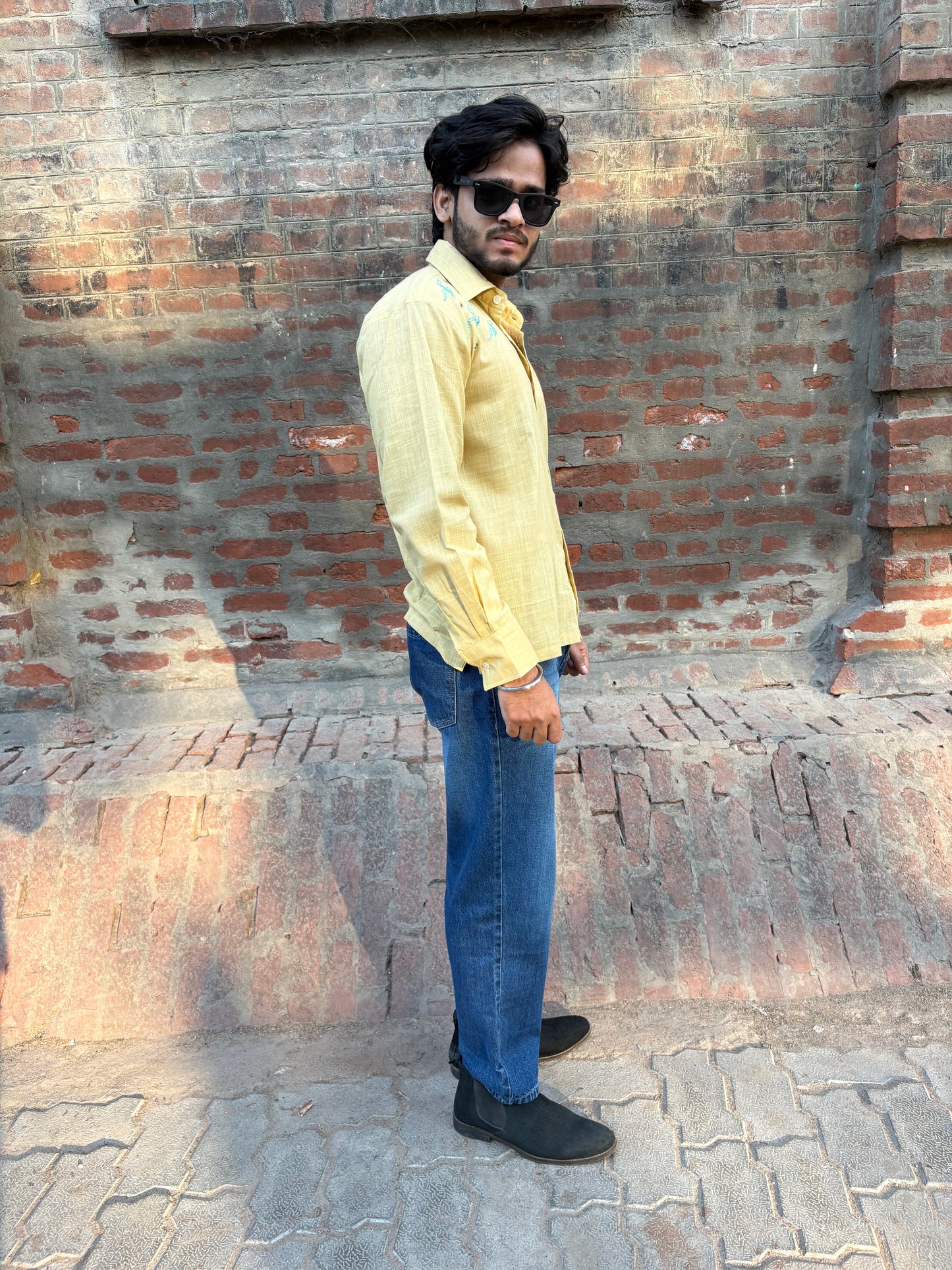 Mustard Yellow Bird Embroidered men’s Cotton Shirt