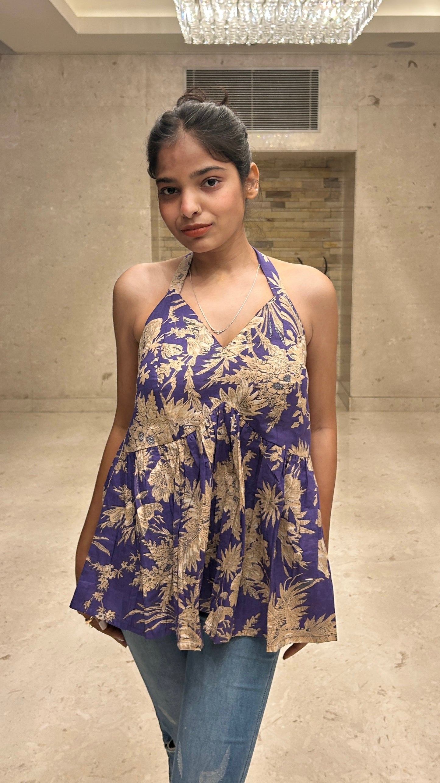 Purple screen printed short top