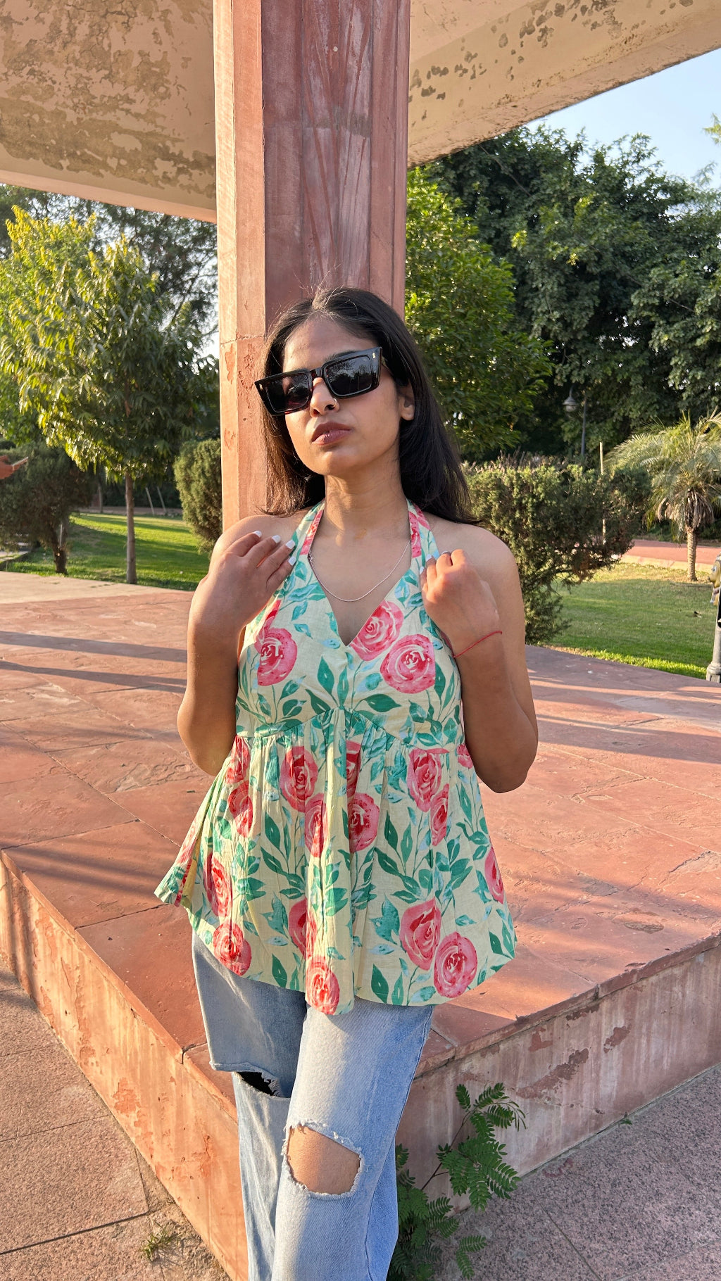 Green screen printed short top