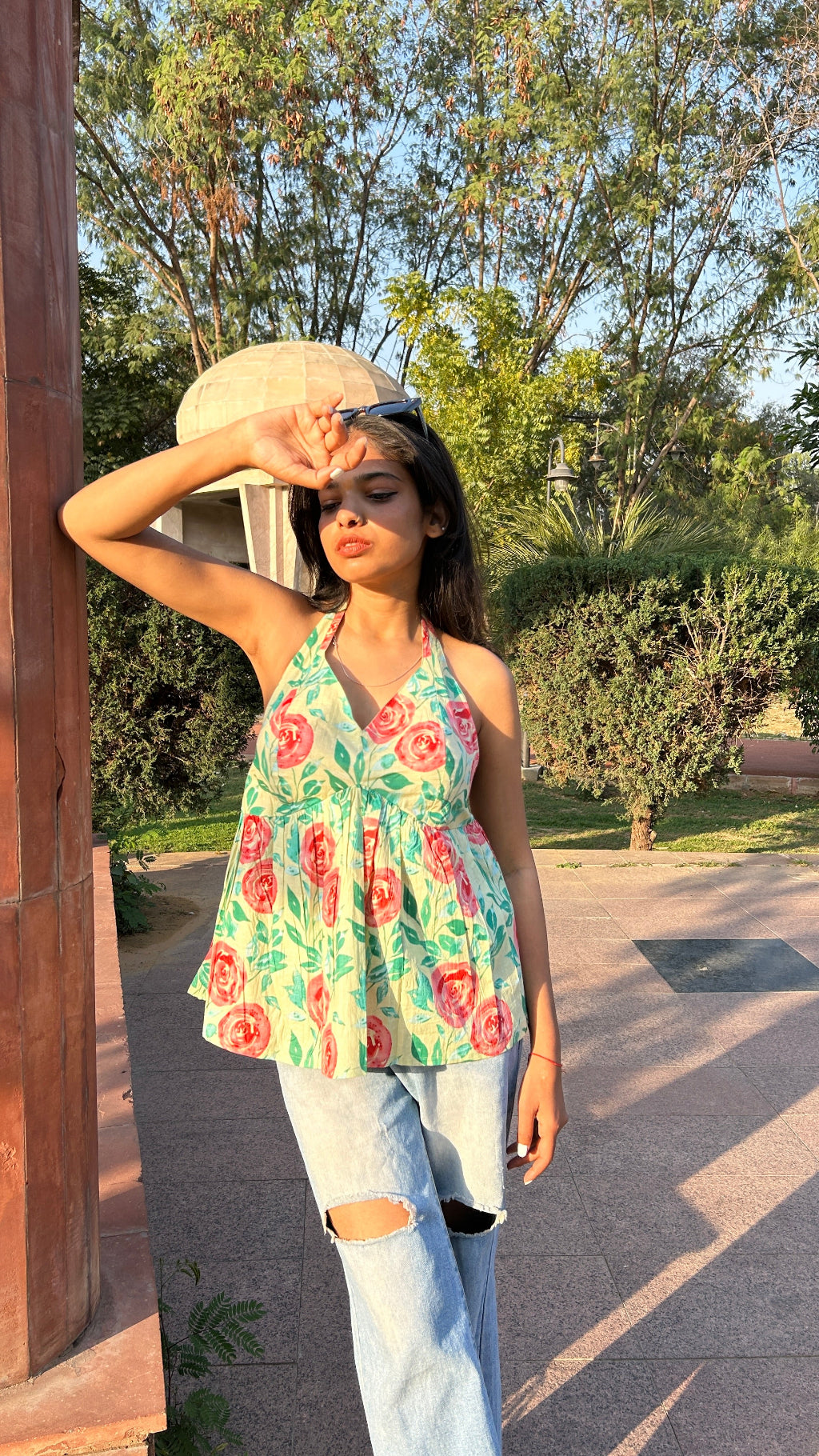 Green screen printed short top