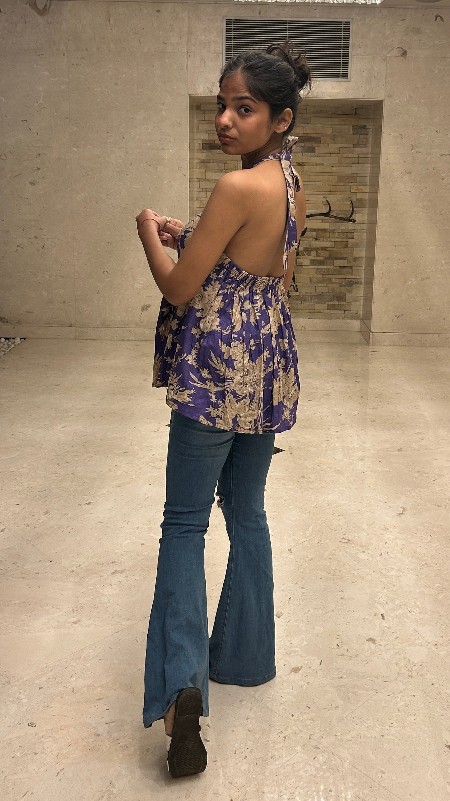 Purple screen printed short top