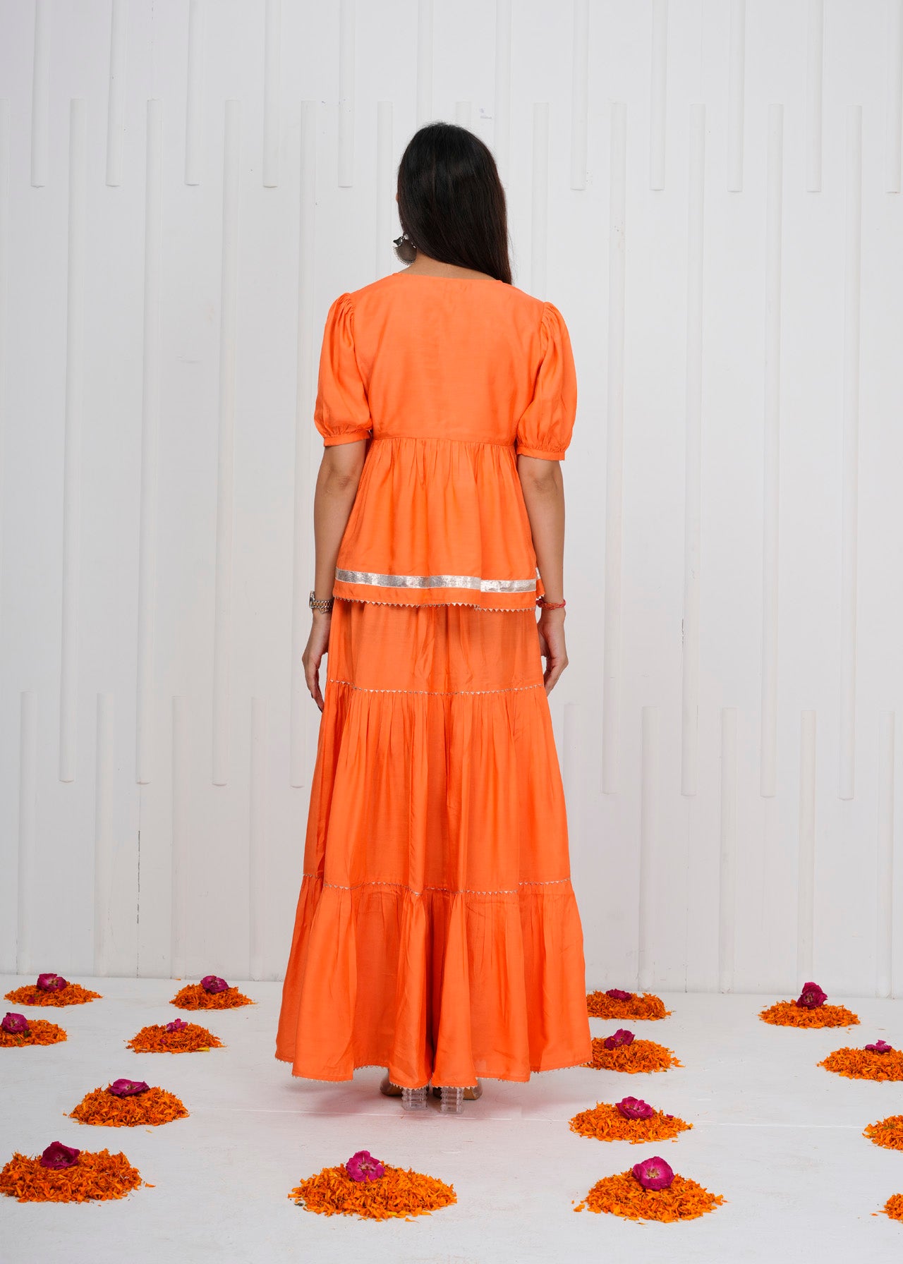 Orange Muslin Co-ord Set with Tiered Skirt & Peplum Top