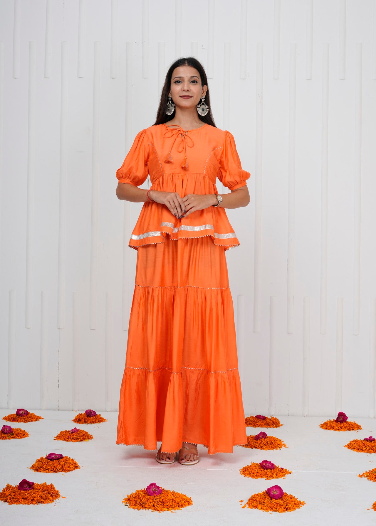 Orange Muslin Co-ord Set with Tiered Skirt & Peplum Top