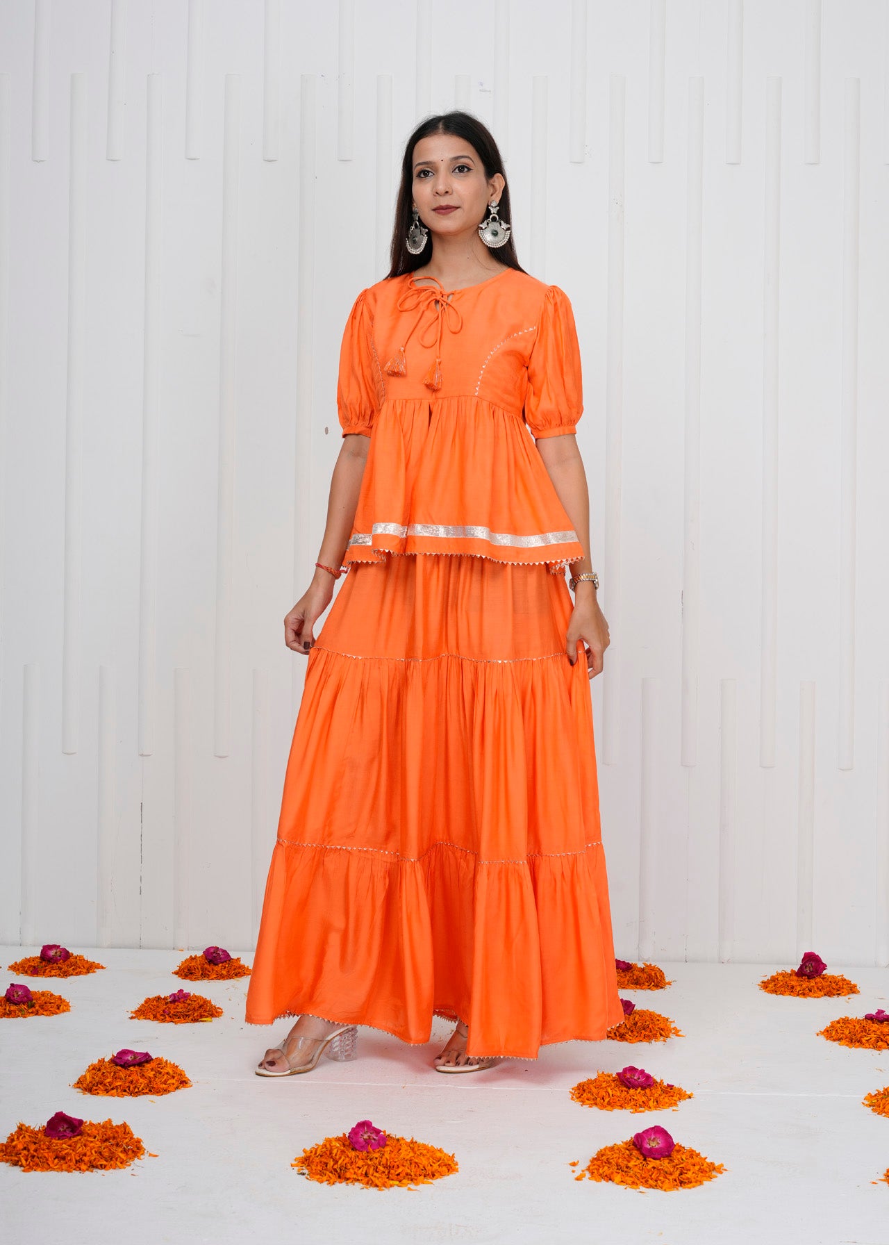 Orange Muslin Co-ord Set with Tiered Skirt & Peplum Top