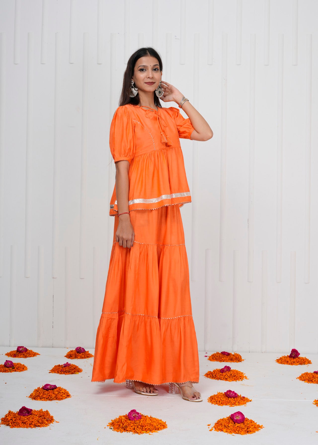 Orange Muslin Co-ord Set with Tiered Skirt & Peplum Top