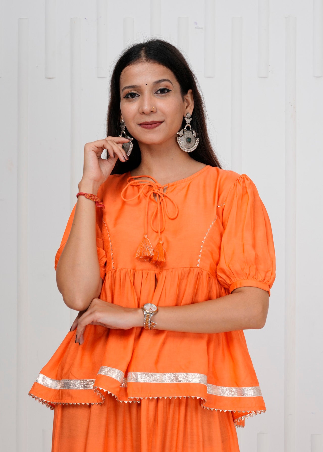 Orange Muslin Co-ord Set with Tiered Skirt & Peplum Top