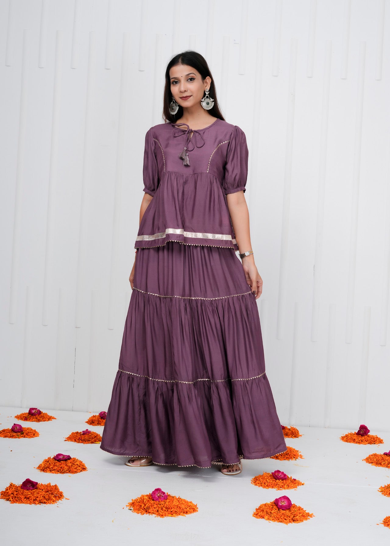 Orange Muslin Co-ord Set with Tiered Skirt & Peplum Top