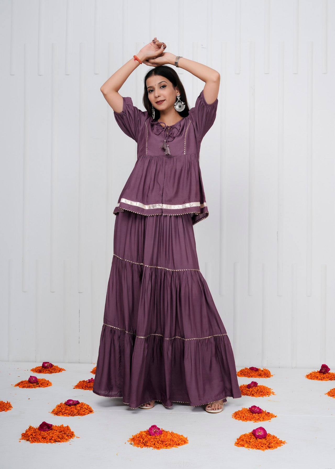 Orange Muslin Co-ord Set with Tiered Skirt & Peplum Top