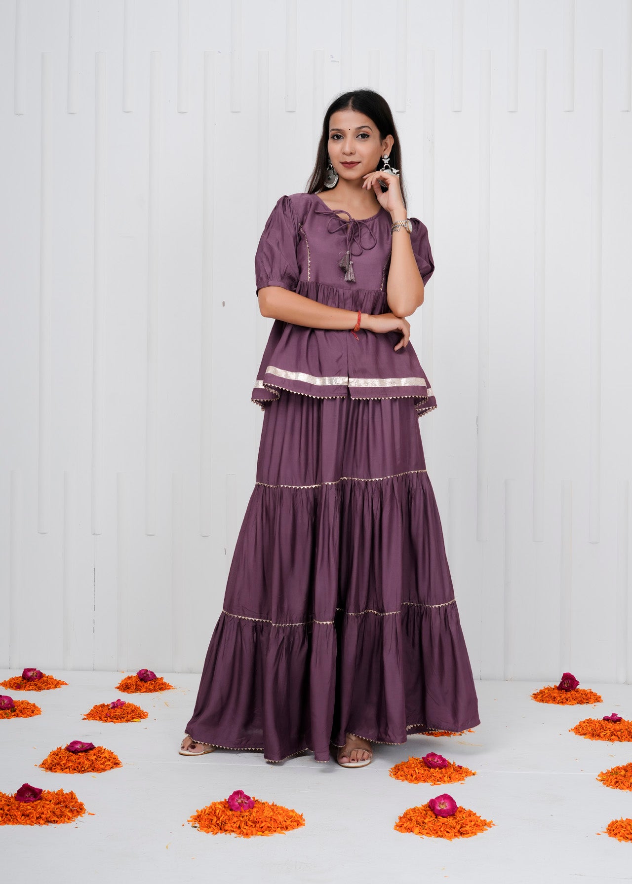 Orange Muslin Co-ord Set with Tiered Skirt & Peplum Top