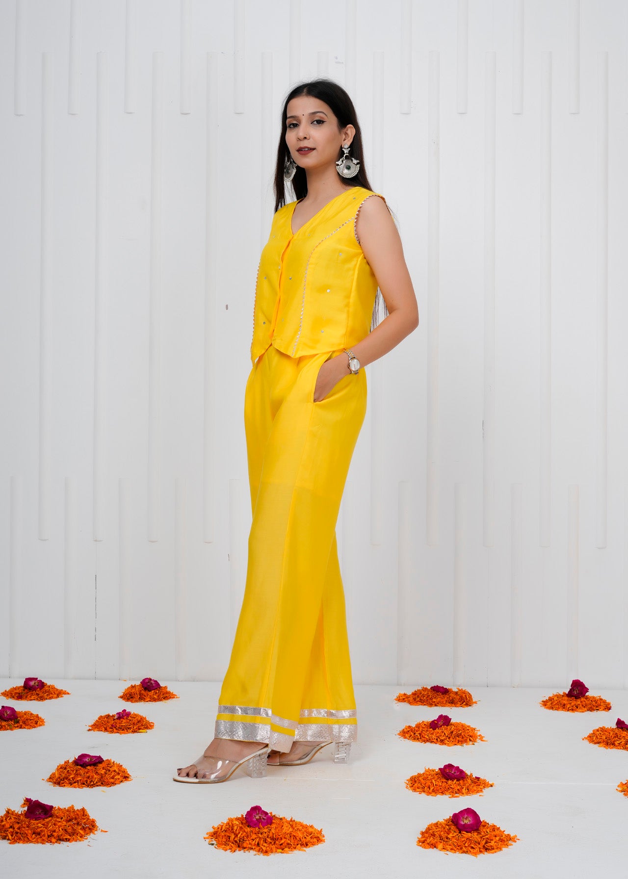 Yellow Waistcoat & Straight Pants Co-ord Set