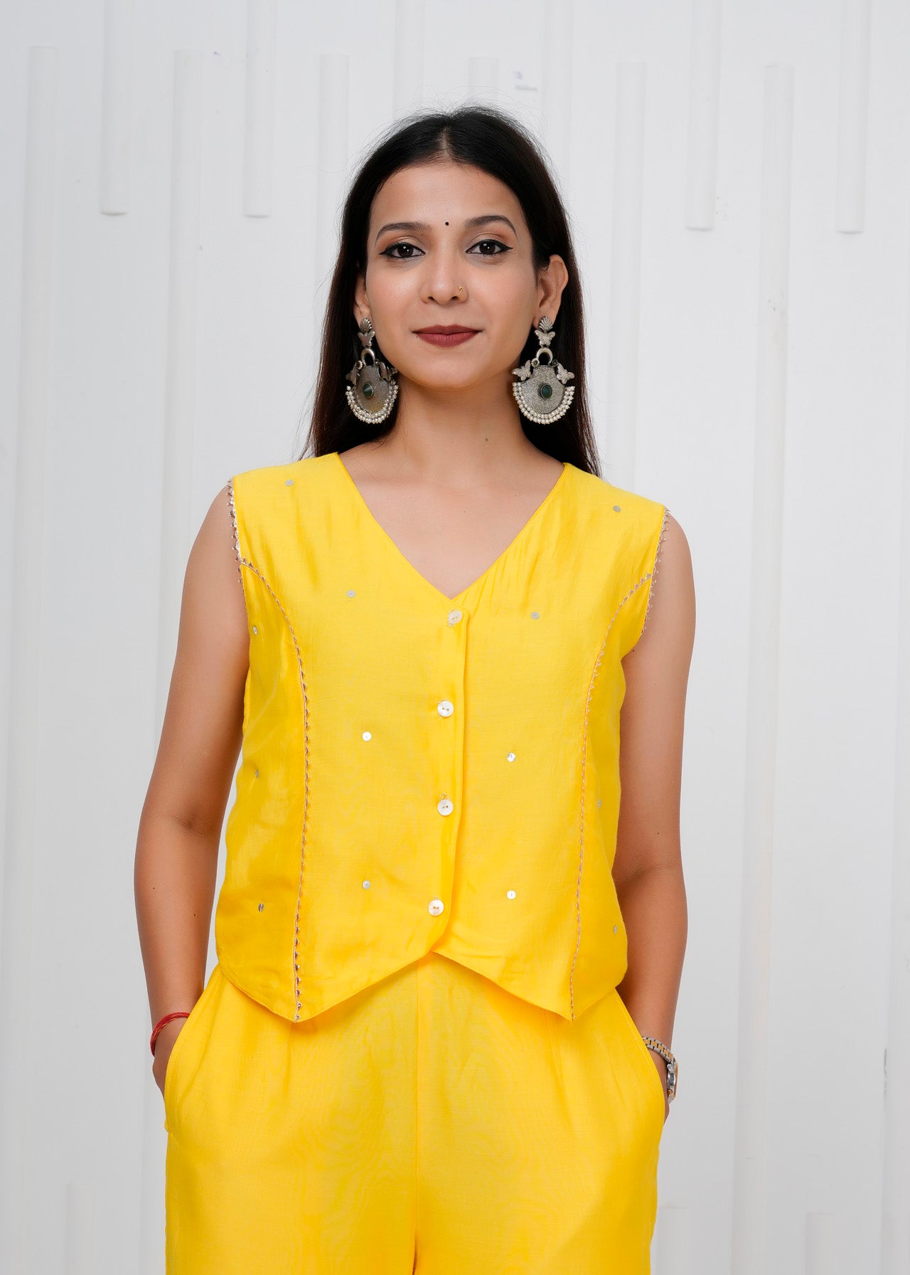 Yellow Waistcoat & Straight Pants Co-ord Set