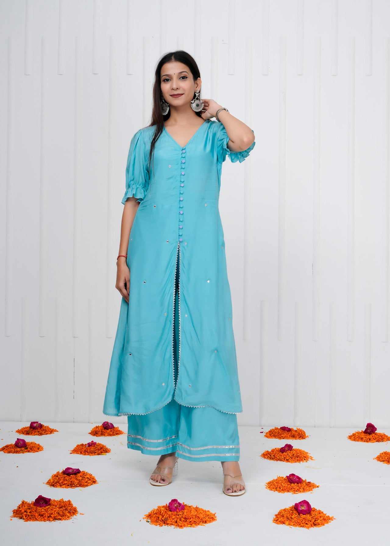 Aqua Blue Muslin Co-ord Set with Long Kurta and straight pant