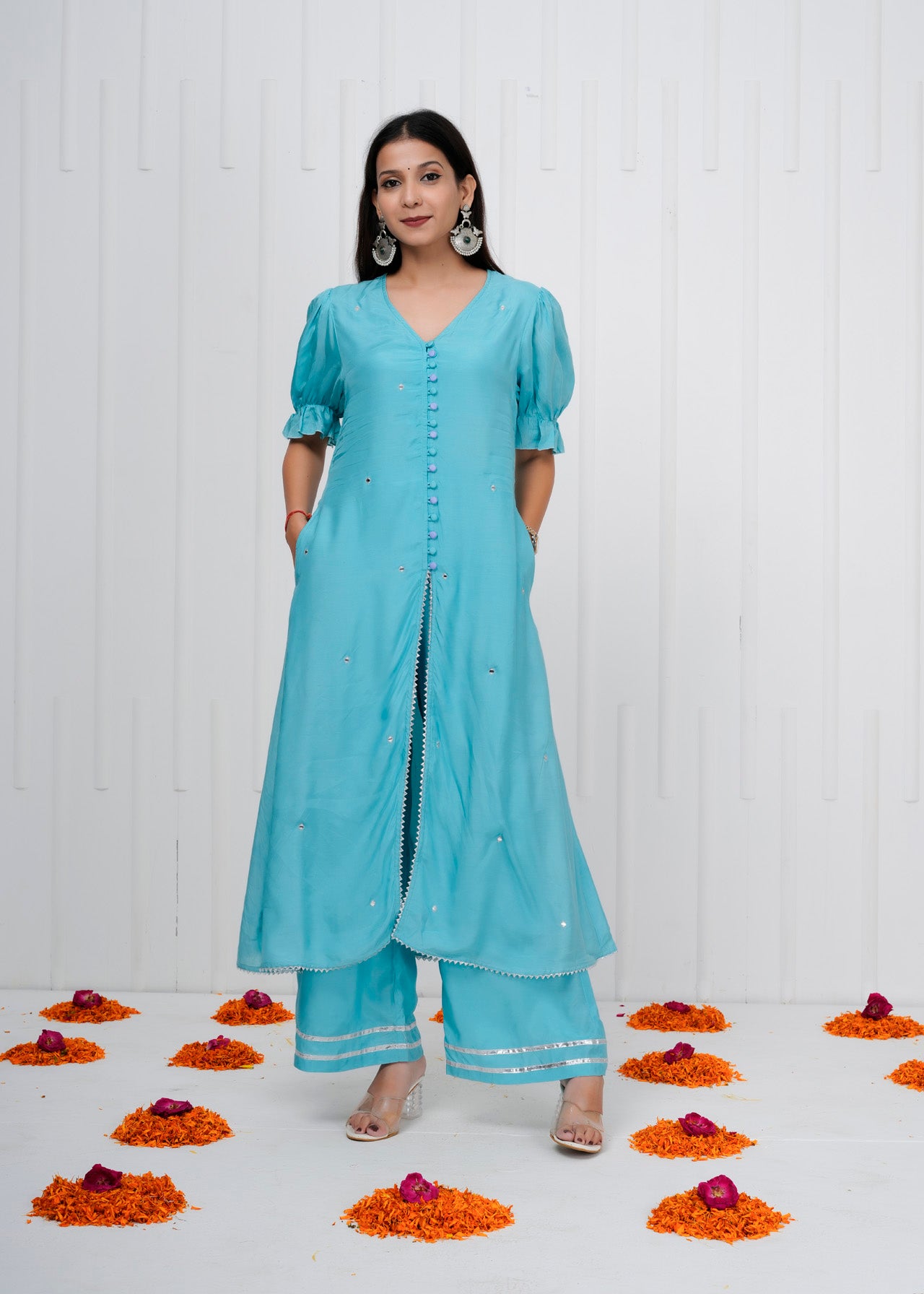 Aqua Blue Muslin Co-ord Set with Long Kurta and straight pant