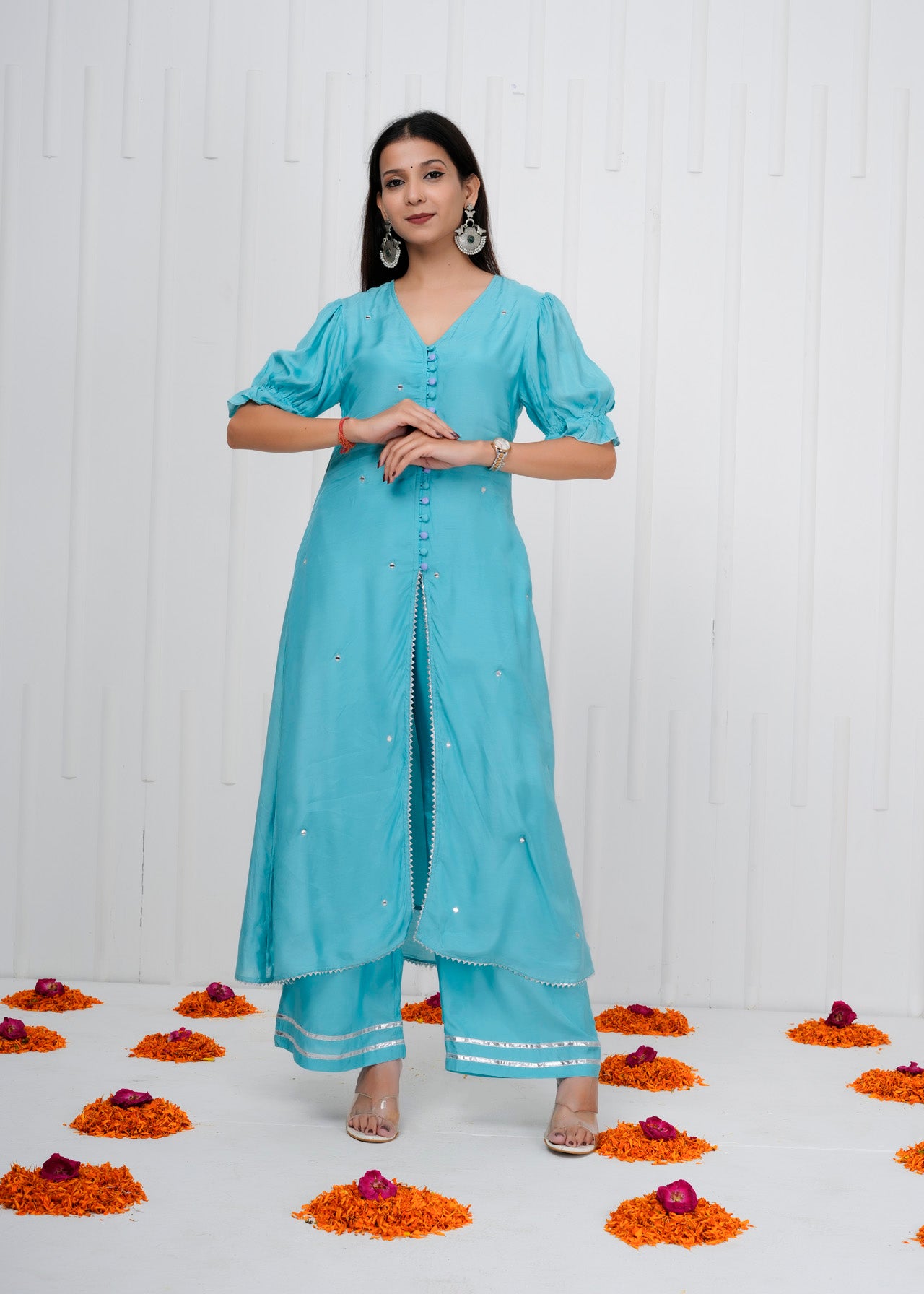 Aqua Blue Muslin Co-ord Set with Long Kurta and straight pant