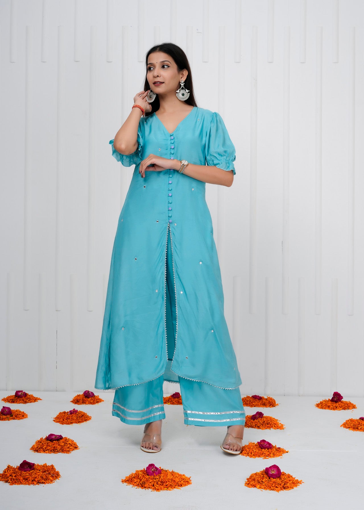Aqua Blue Muslin Co-ord Set with Long Kurta and straight pant