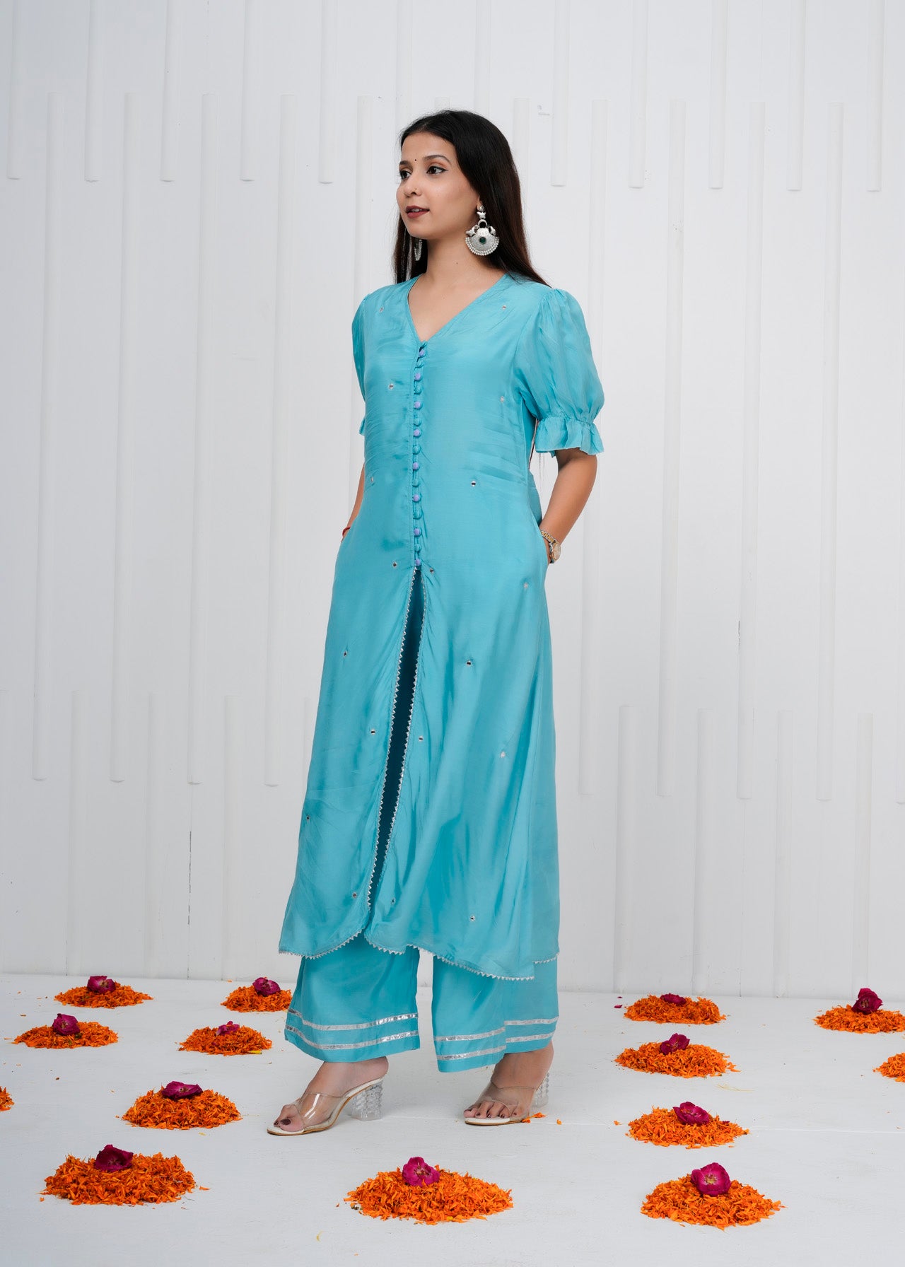 Aqua Blue Muslin Co-ord Set with Long Kurta and straight pant