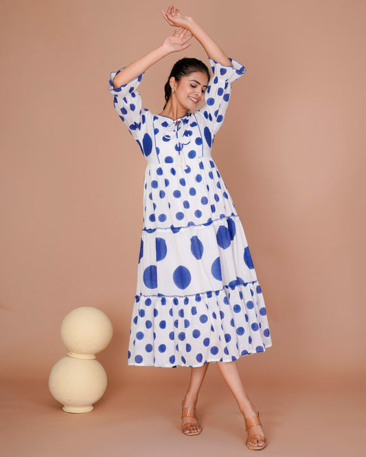 BLUE MIX POLKA PRINT LONG DRESS