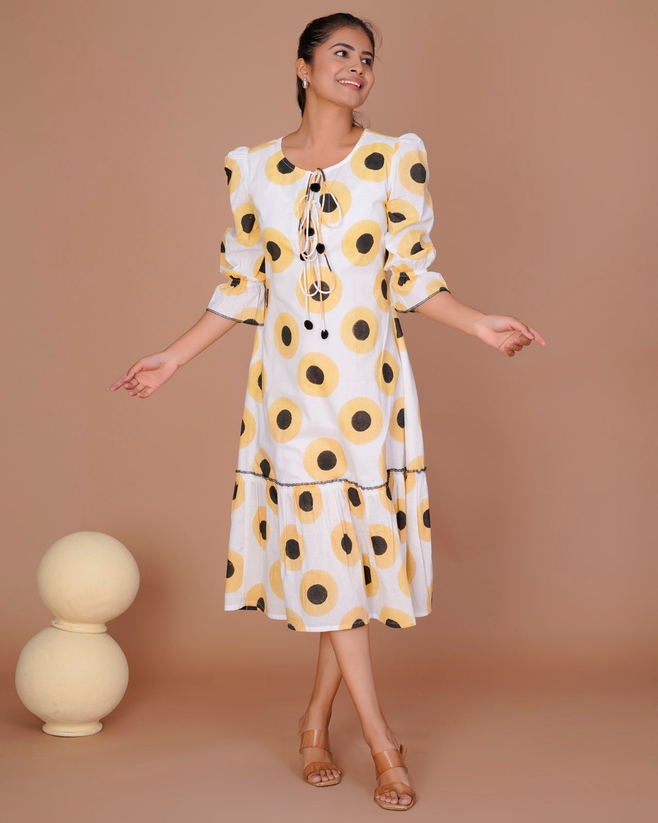 SUNFLOWER POLKA PRINT LONG DRESS