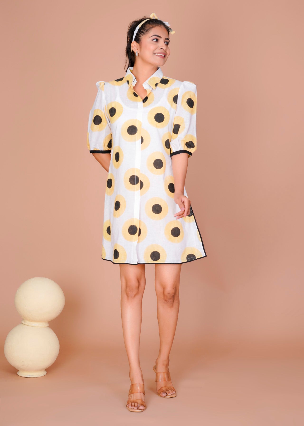 SUNFLOWER POLKA PRINT SHORT DRESS