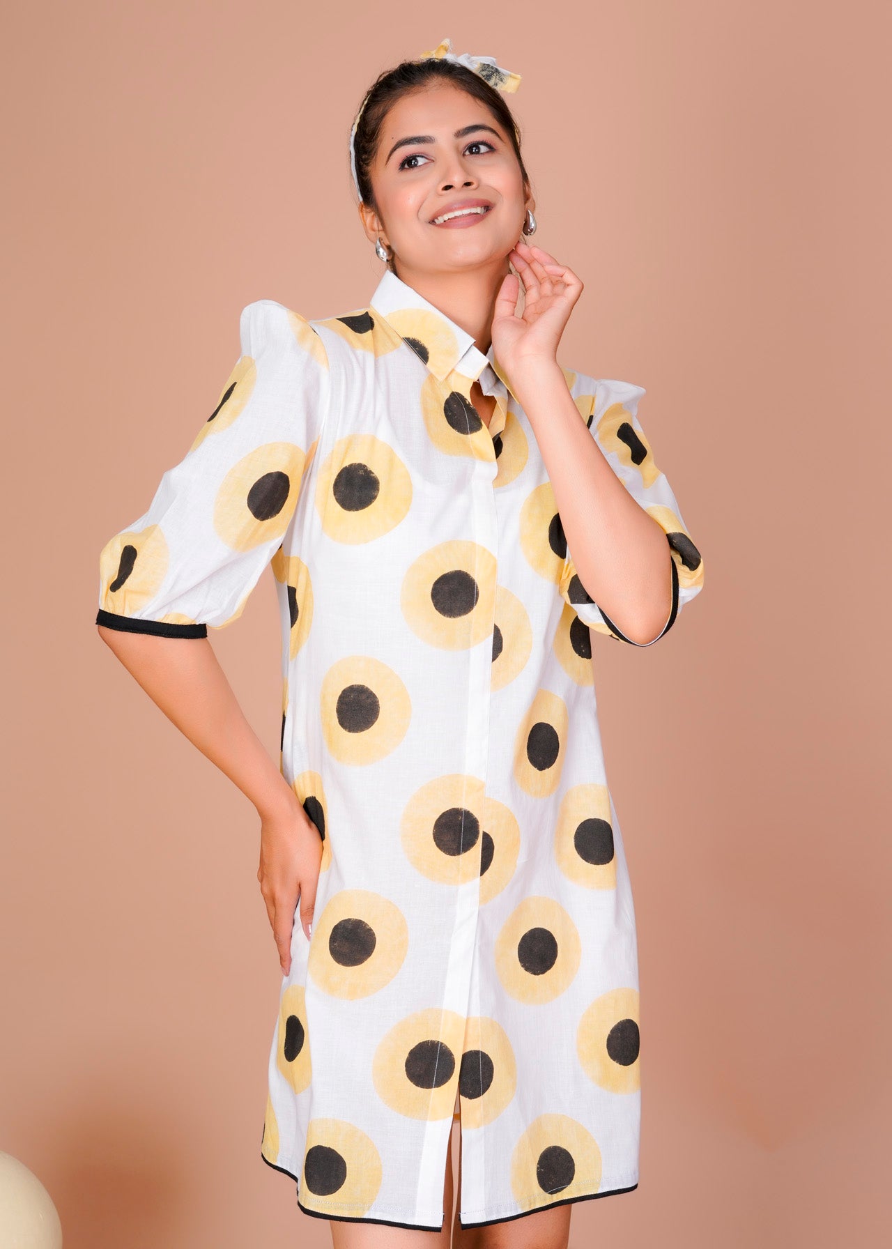 SUNFLOWER POLKA PRINT SHORT DRESS
