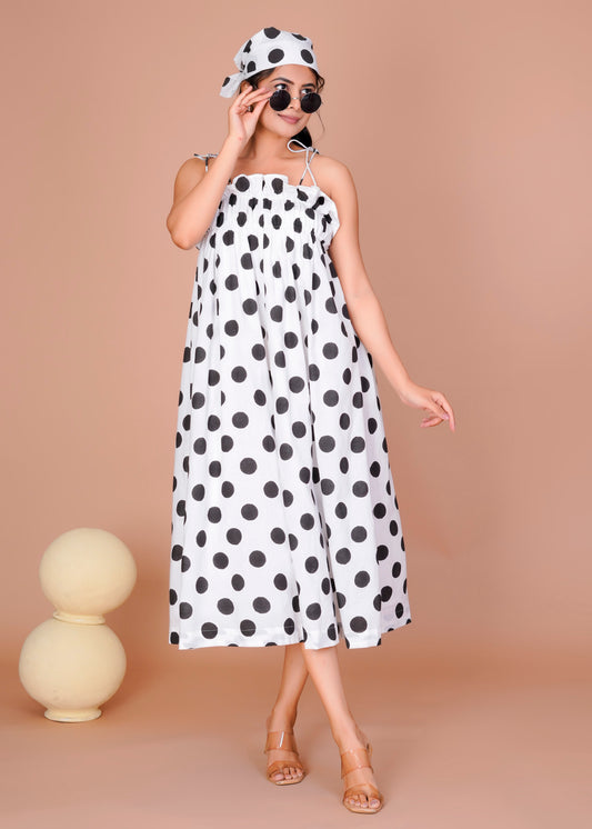 BLACK STRAPE POLKA LONG DRESS