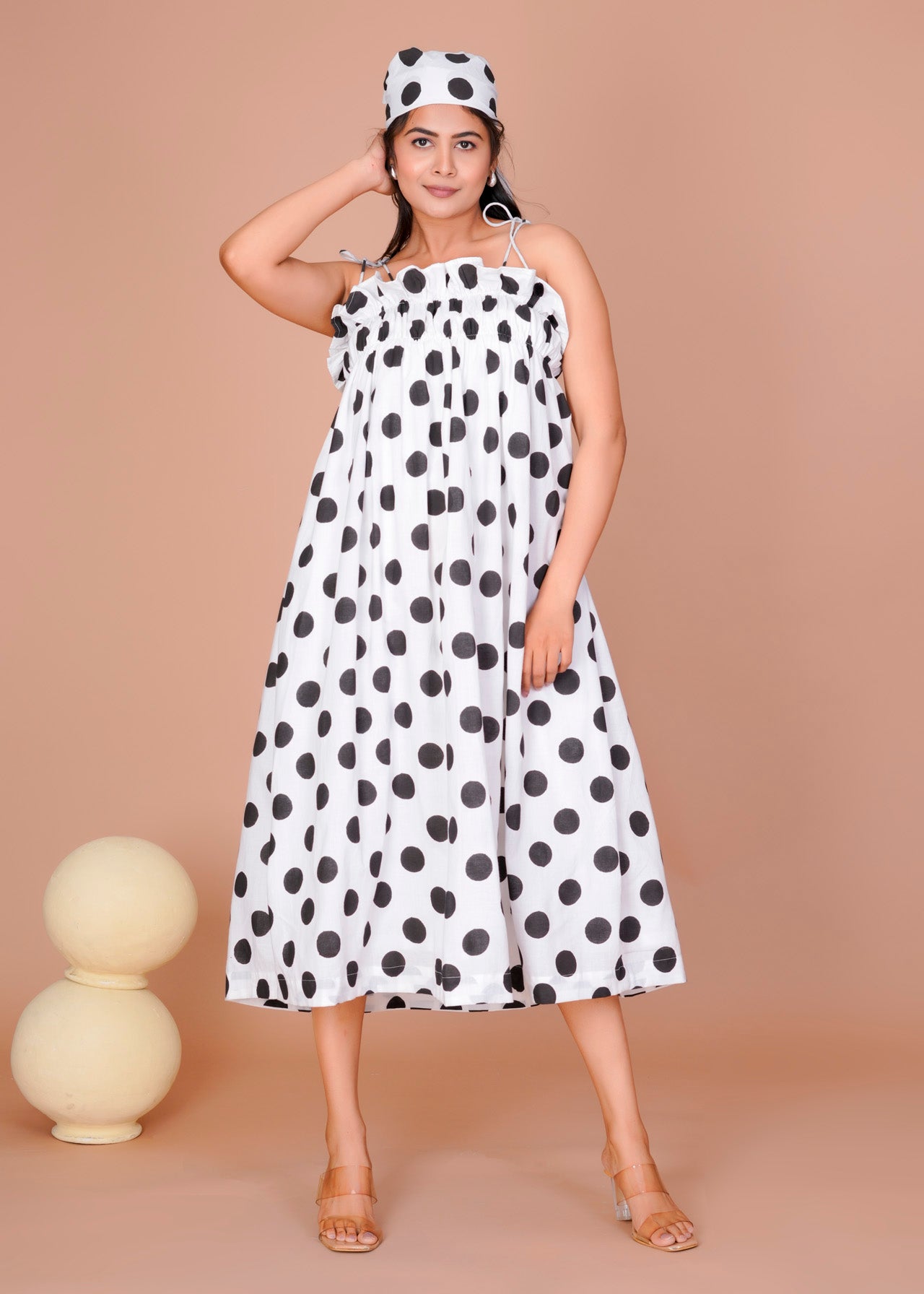 BLACK STRAPE POLKA LONG DRESS