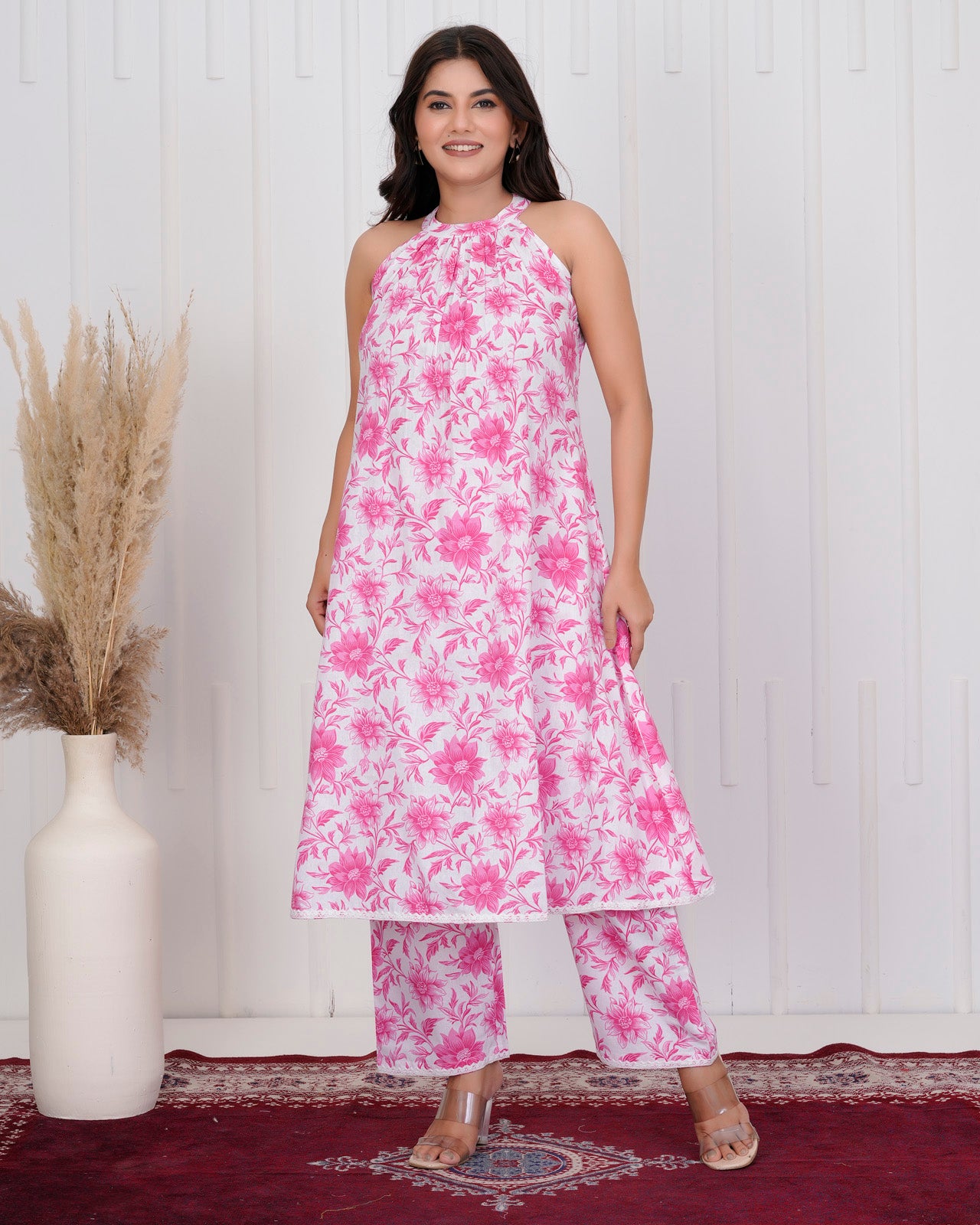 White & Pink Halter Cotton kurta Set