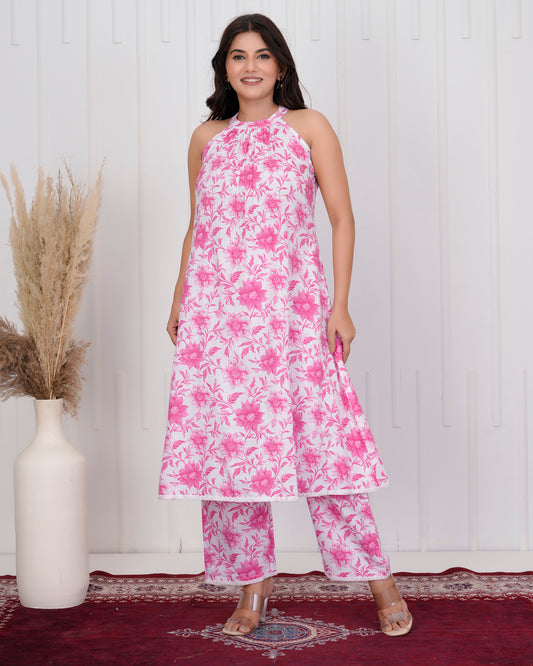 White & Pink Halter Cotton kurta Set