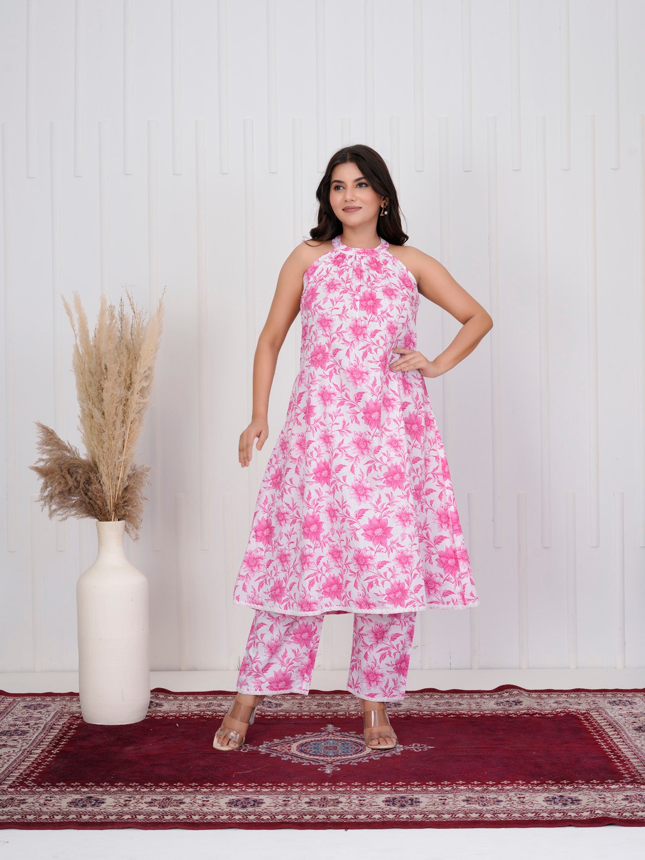 White & Pink Halter Cotton kurta Set