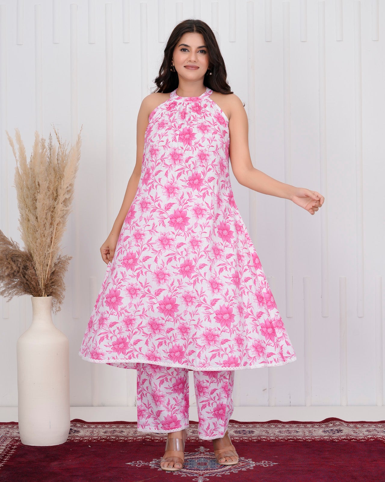 White & Pink Halter Cotton kurta Set
