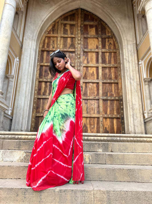 RED chiffon  tie&dye saree