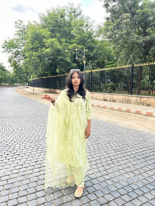 Light green & mustrad tie&dye kurta set